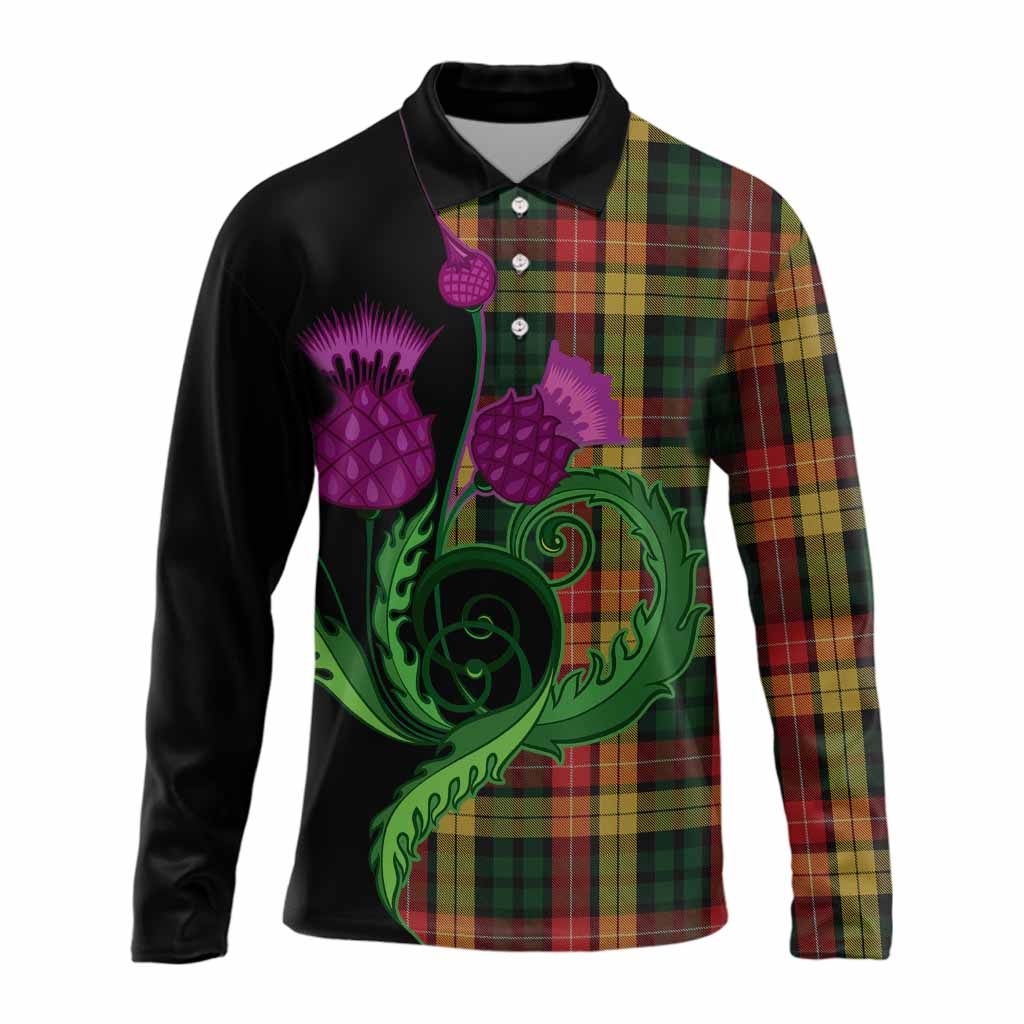 Buchanan Tartan Long Sleeve Polo Shirt Traditional Scottish Thistle