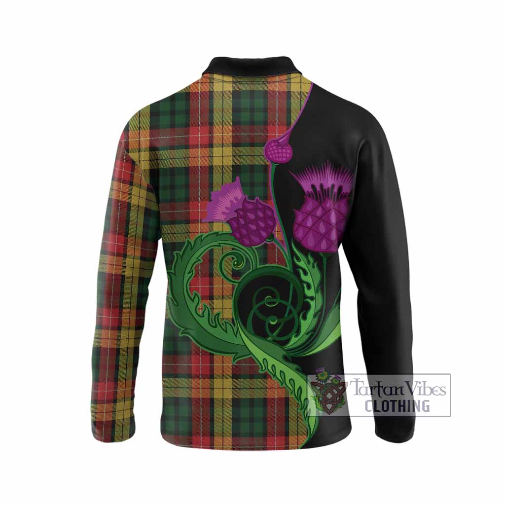 Buchanan Tartan Long Sleeve Polo Shirt Traditional Scottish Thistle
