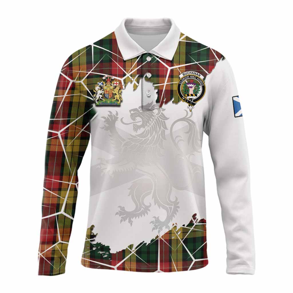 Buchanan Tartan Long Sleeve Polo Shirt with Family Crest and Lion Rampant Grunge Style