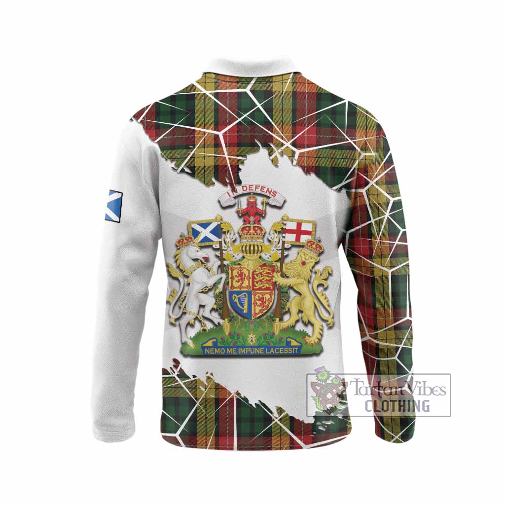 Buchanan Tartan Long Sleeve Polo Shirt with Family Crest and Lion Rampant Grunge Style