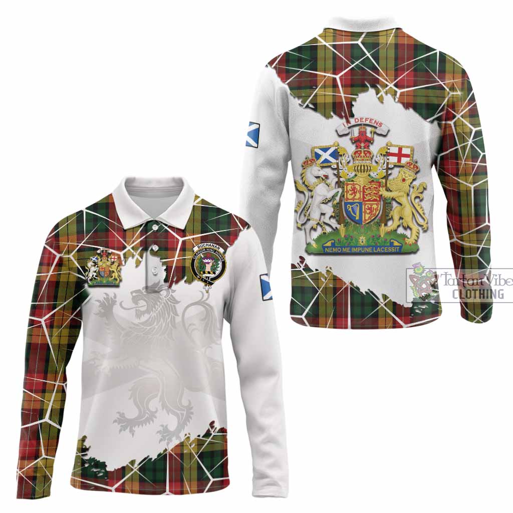 Buchanan Tartan Long Sleeve Polo Shirt with Family Crest and Lion Rampant Grunge Style