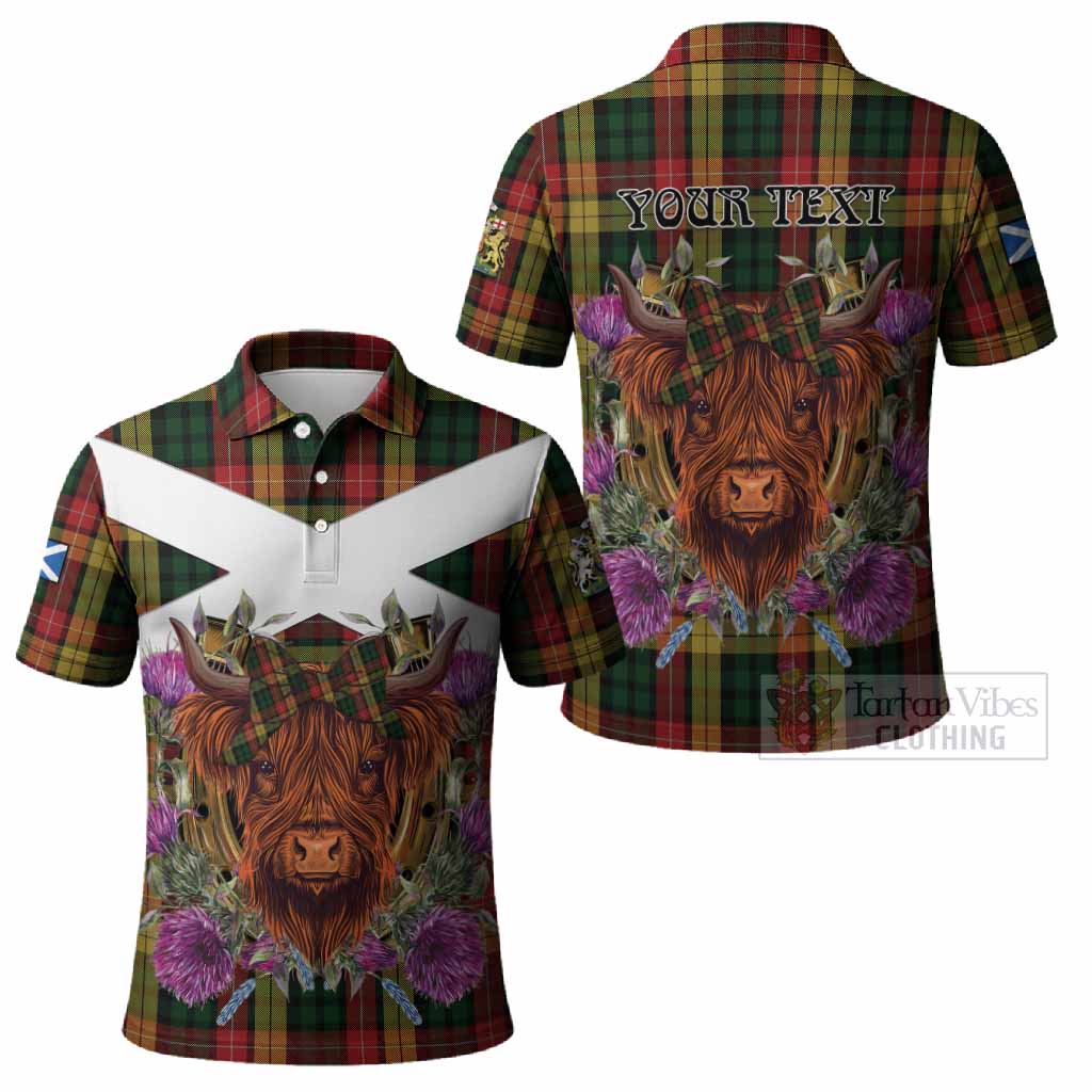 Buchanan Tartan Polo Shirt Scottish Thistle Heilan Coo