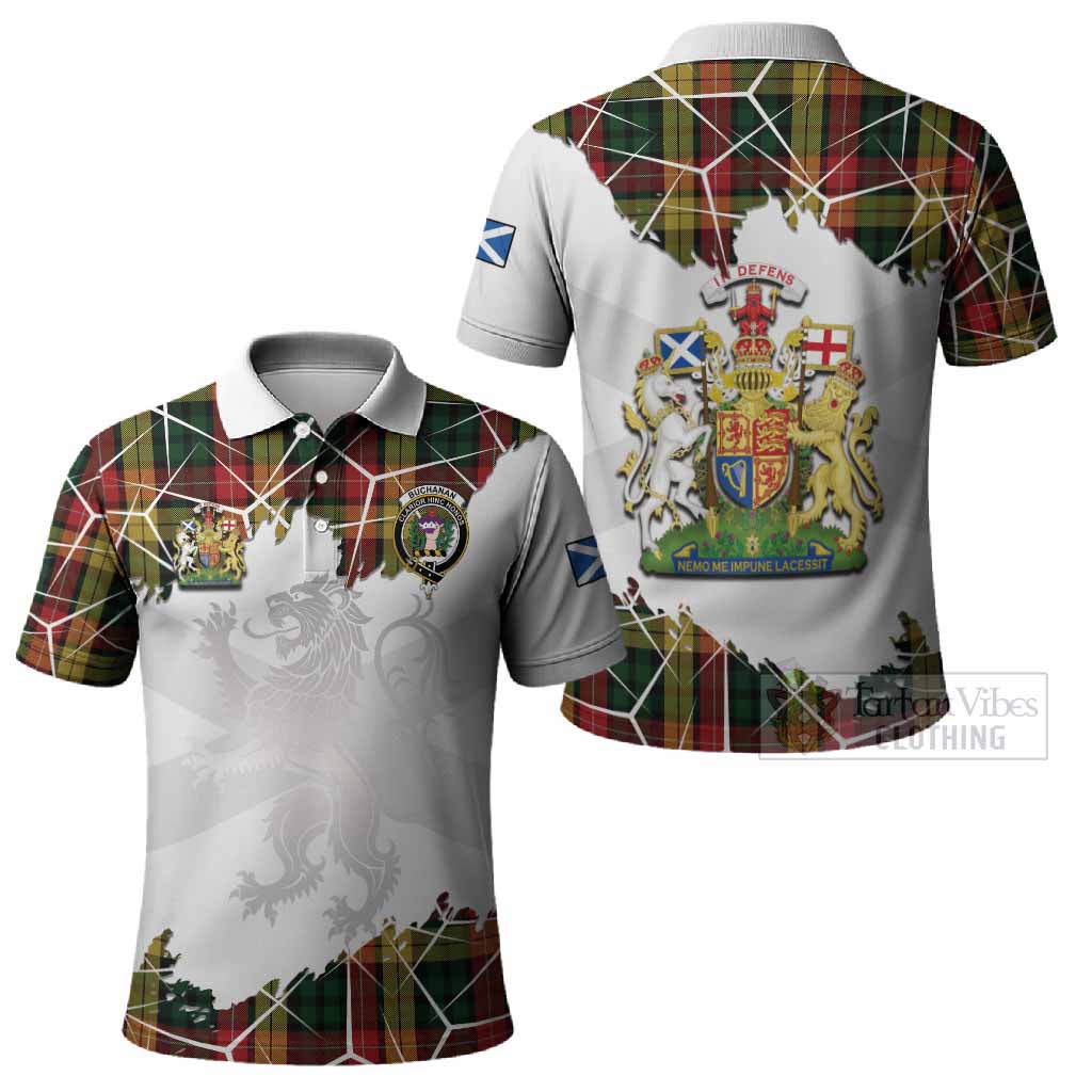 Buchanan Tartan Polo Shirt with Family Crest and Lion Rampant Grunge Style