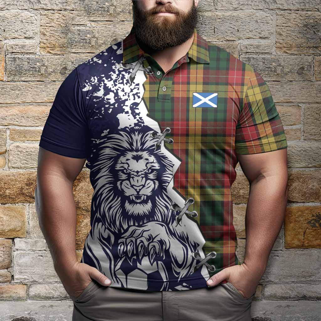 Buchanan Tartan Scottish Polo Shirt Angry Lion With Soccer Ball Style