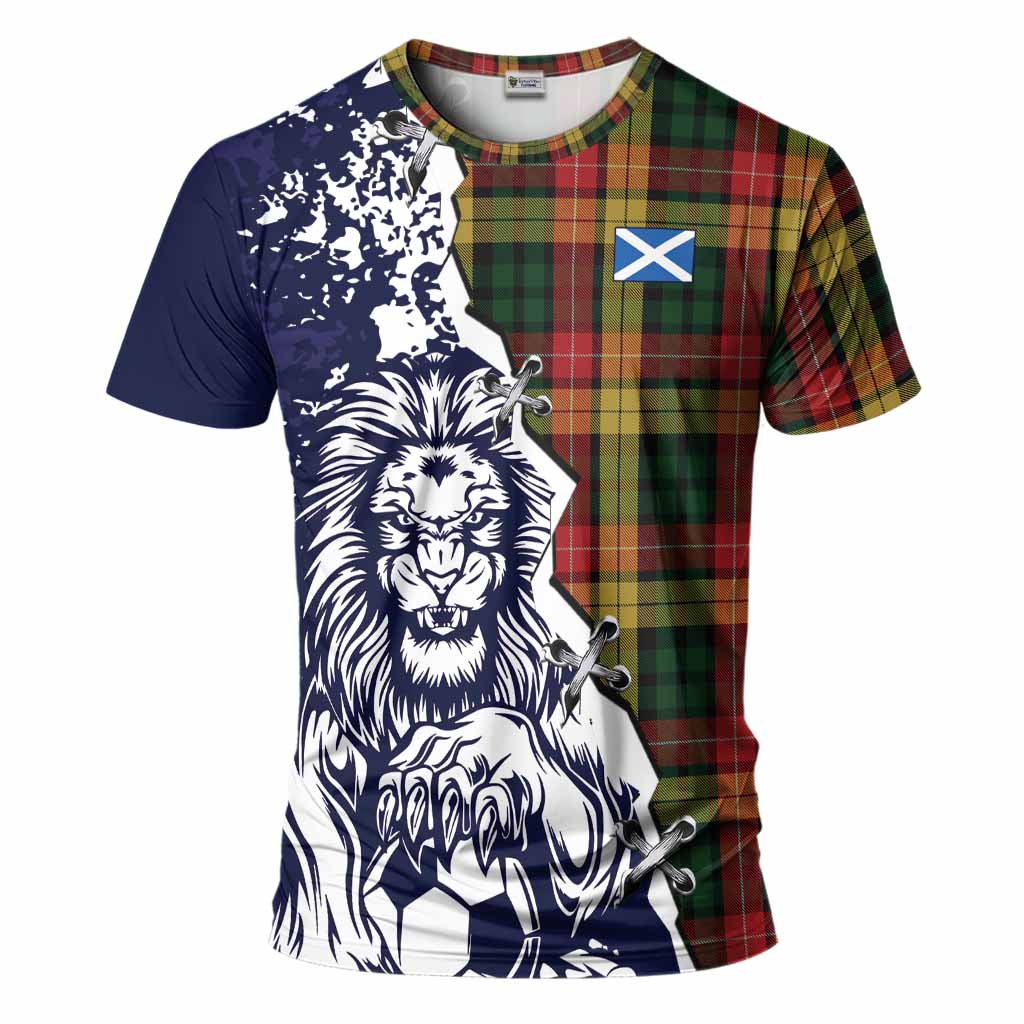 Buchanan Tartan Scottish T-Shirt Angry Lion With Soccer Ball Style