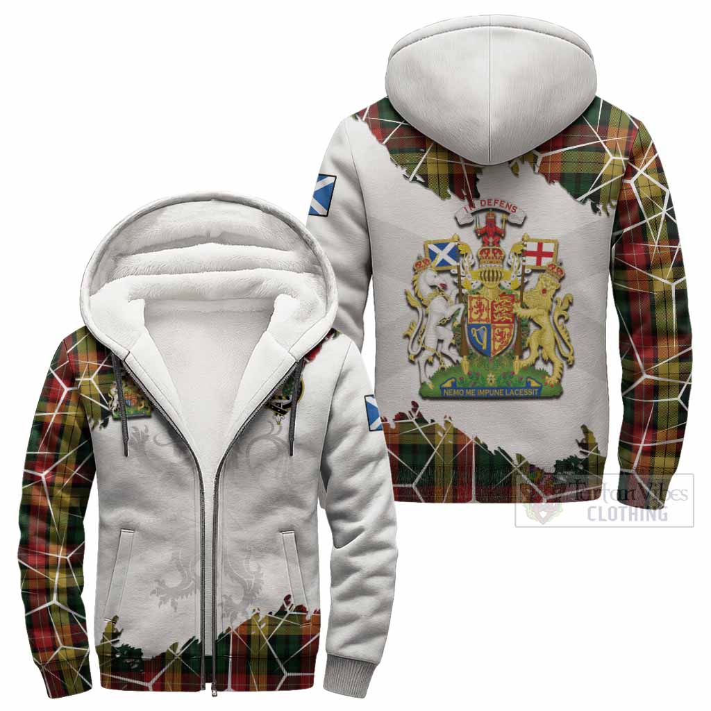 Buchanan Tartan Sherpa Hoodie with Family Crest and Lion Rampant Grunge Style