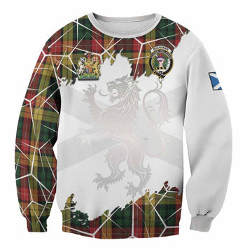 Buchanan Tartan Sweatshirt with Family Crest and Lion Rampant Grunge Style