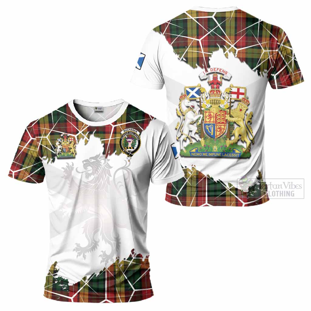 Buchanan Tartan T-Shirt with Family Crest and Lion Rampant Grunge Style