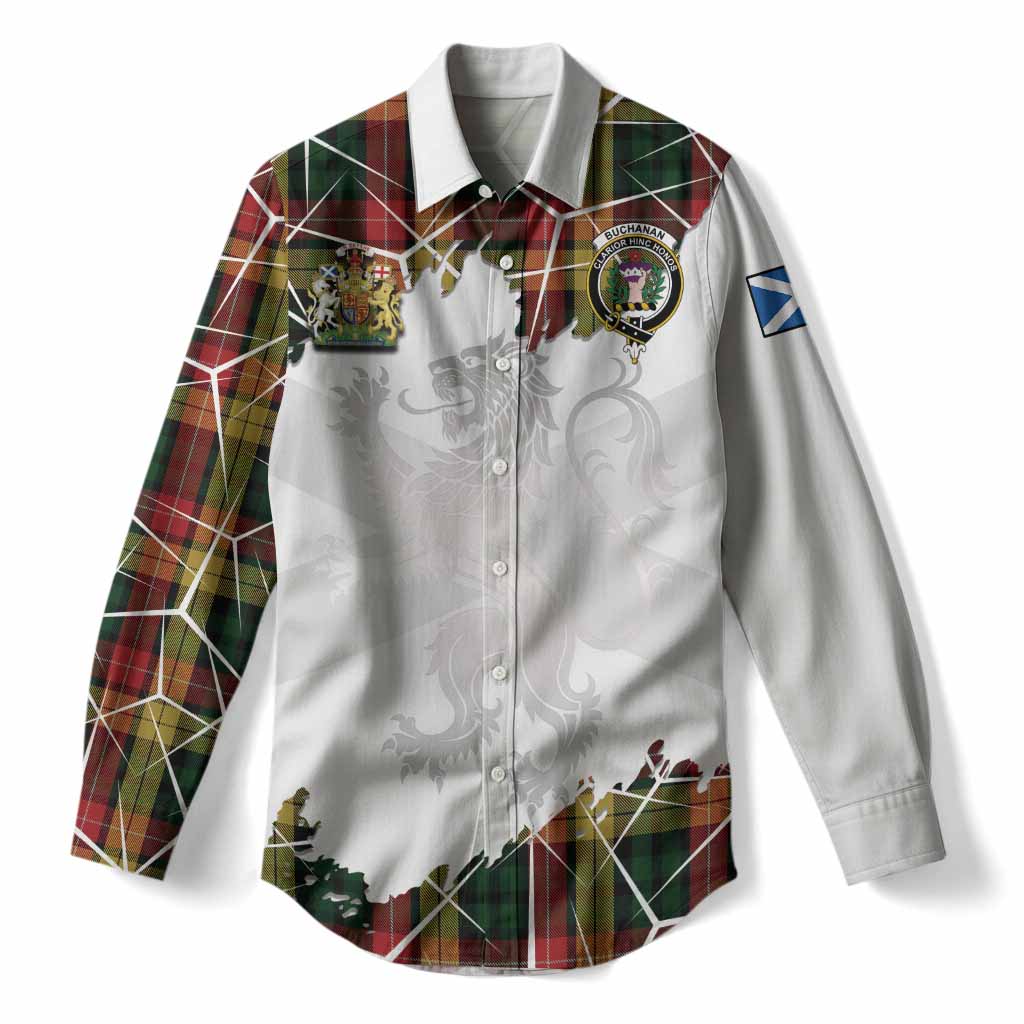 Buchanan Tartan Women Casual Shirt with Family Crest and Lion Rampant Grunge Style