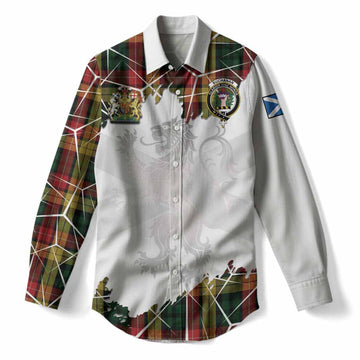 Buchanan Tartan Women Casual Shirt with Family Crest and Lion Rampant Grunge Style