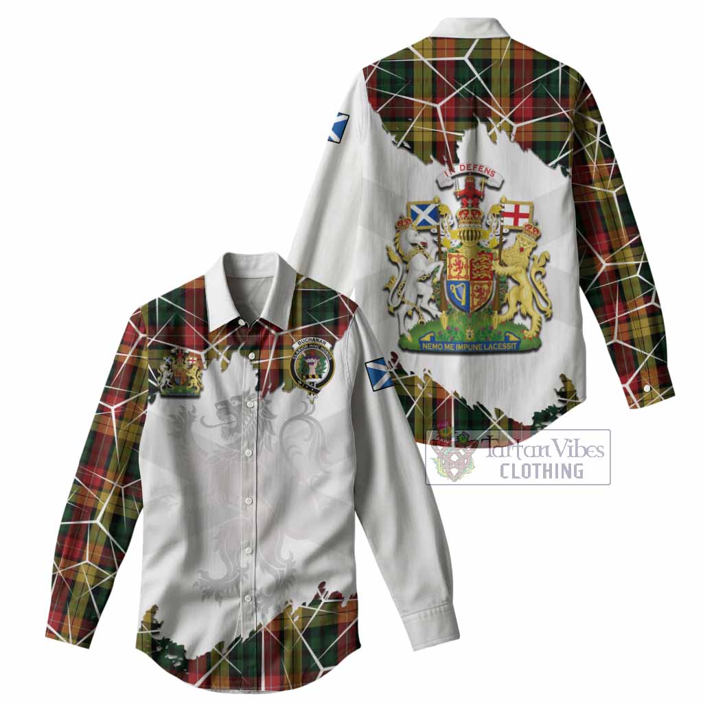 Buchanan Tartan Women Casual Shirt with Family Crest and Lion Rampant Grunge Style