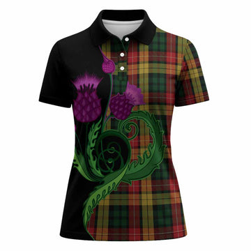 Buchanan Tartan Women Polo Shirt Traditional Scottish Thistle