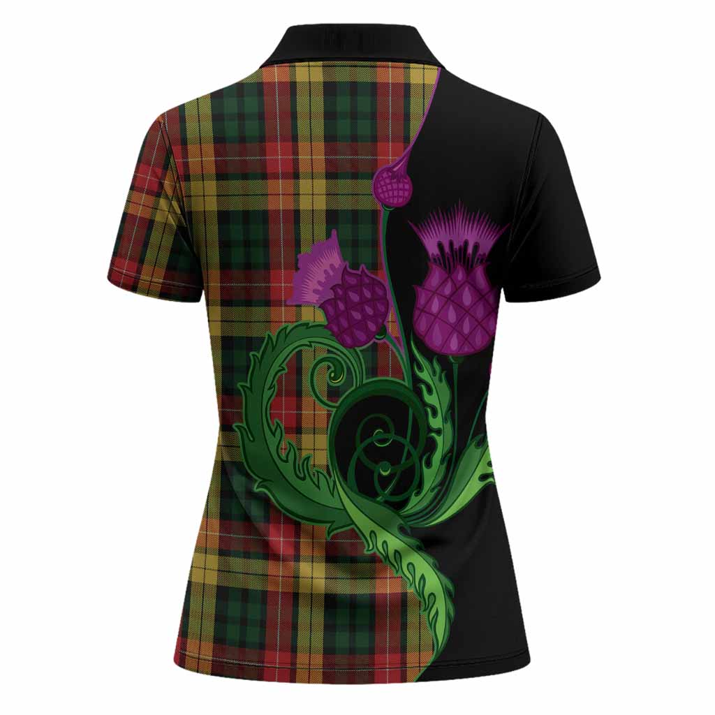 Buchanan Tartan Women Polo Shirt Traditional Scottish Thistle