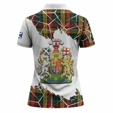 Buchanan Tartan Women Polo Shirt with Family Crest and Lion Rampant Grunge Style