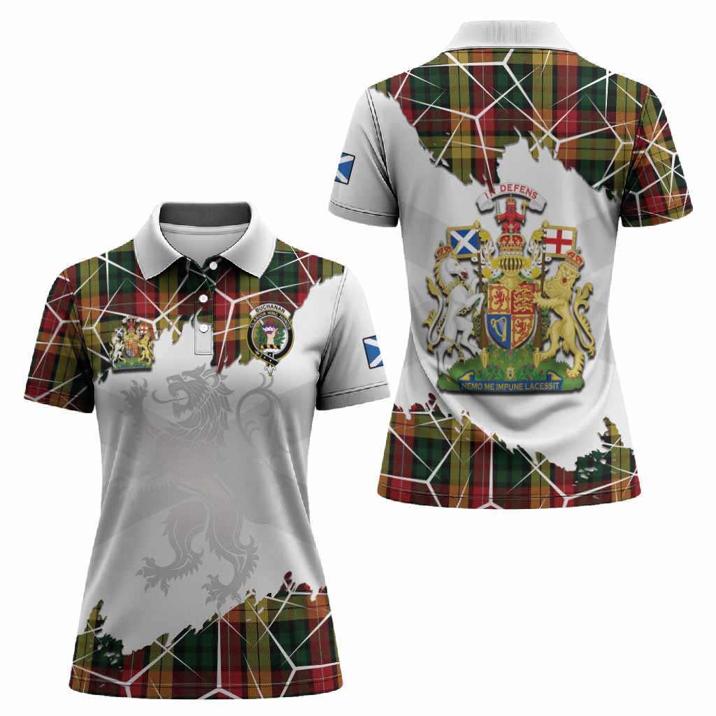 Buchanan Tartan Women Polo Shirt with Family Crest and Lion Rampant Grunge Style