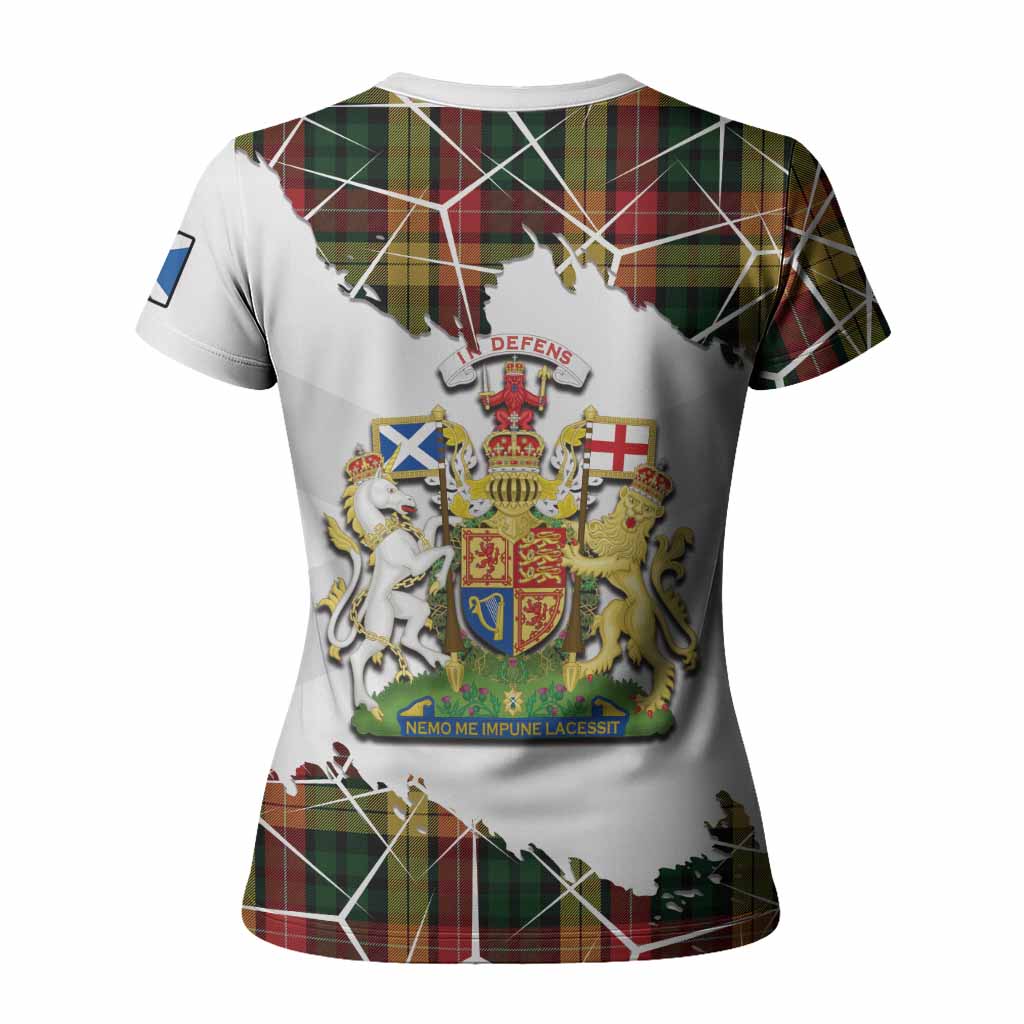 Buchanan Tartan Women T shirt with Family Crest and Lion Rampant Grunge Style