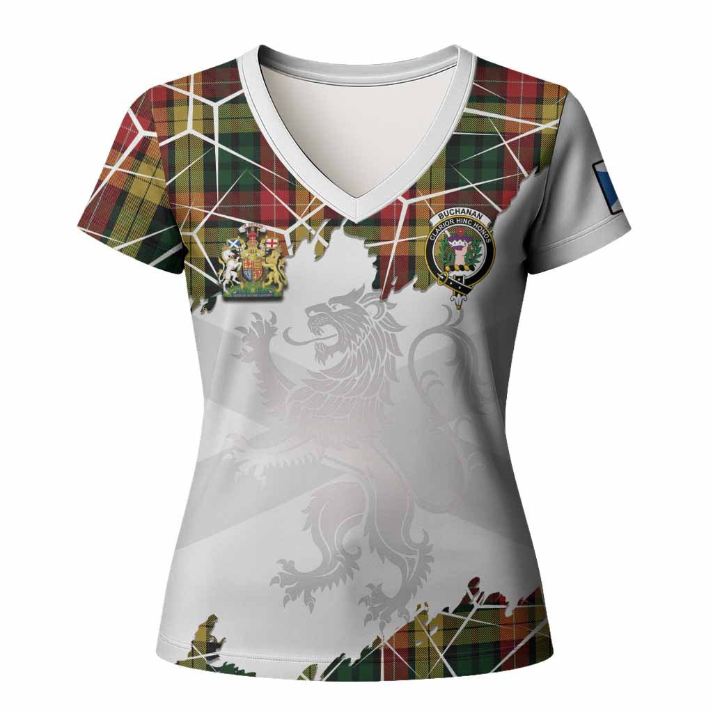 Buchanan Tartan Women T shirt with Family Crest and Lion Rampant Grunge Style