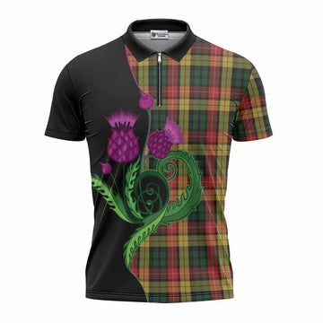 Buchanan Tartan Zipper Polo Shirt Traditional Scottish Thistle