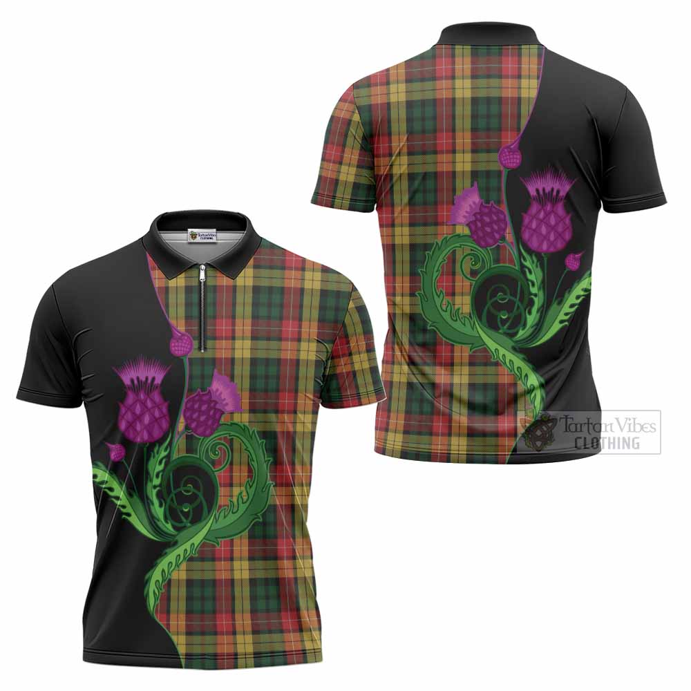 Buchanan Tartan Zipper Polo Shirt Traditional Scottish Thistle