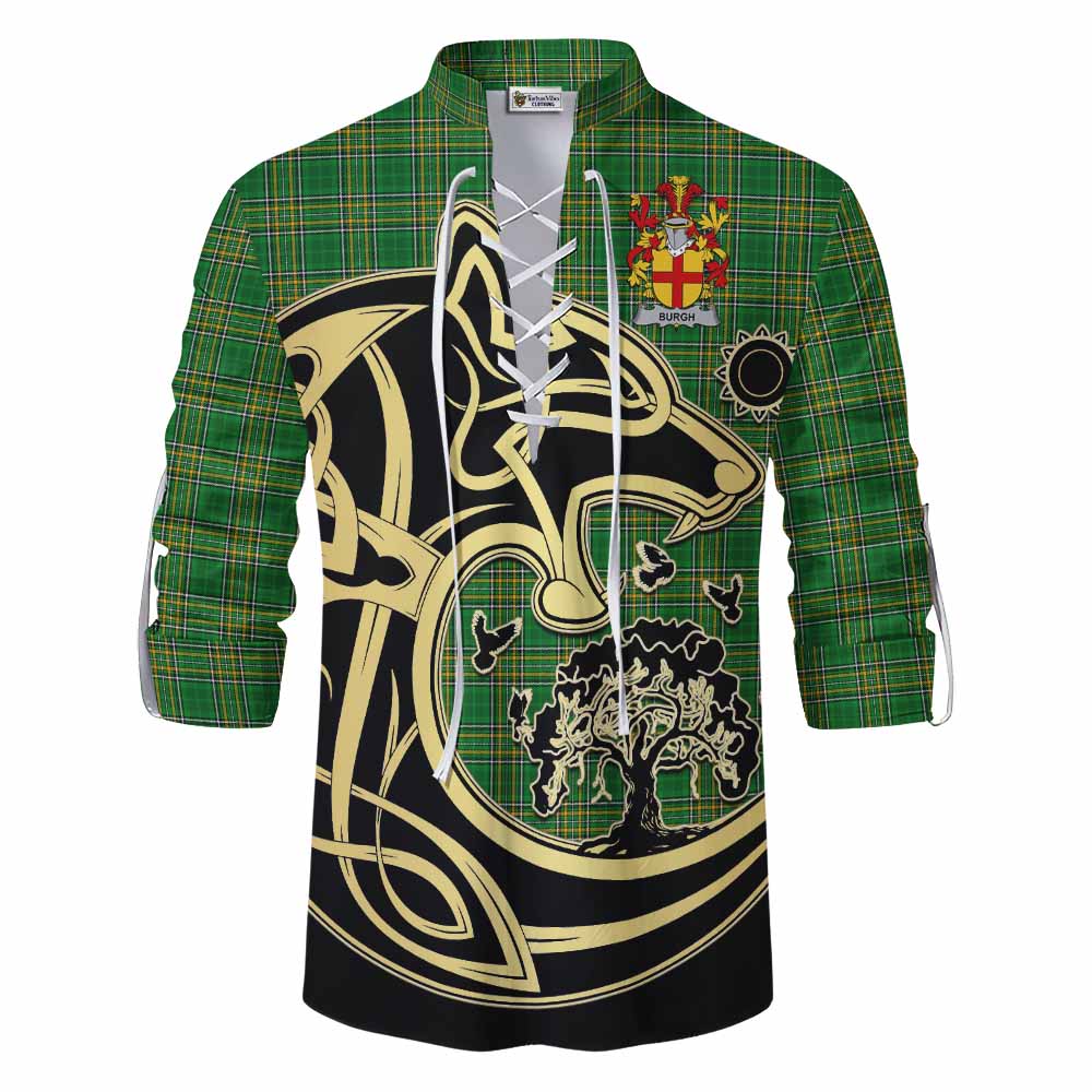 Tartan Vibes Clothing Burgh Irish Tartan Ghillie Kilt Shirt with Coat of Arms Celtic Wolf Style