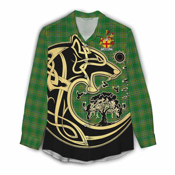 Tartan Vibes Clothing Burgh Irish Tartan Women's Casual Shirt with Coat of Arms Celtic Wolf Style