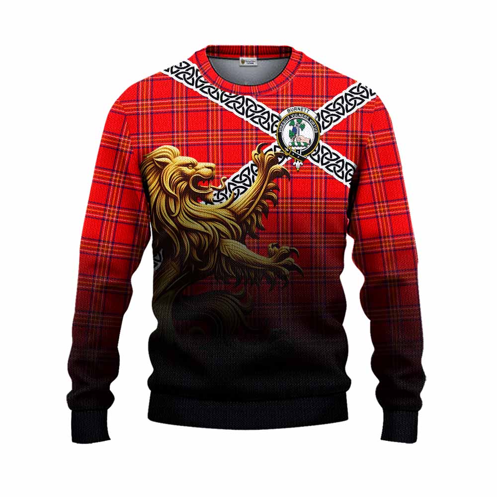Tartan Vibes Clothing Burnett Crest Tartan Knitted Sweater with Golden Lion Emblem Celtic Style