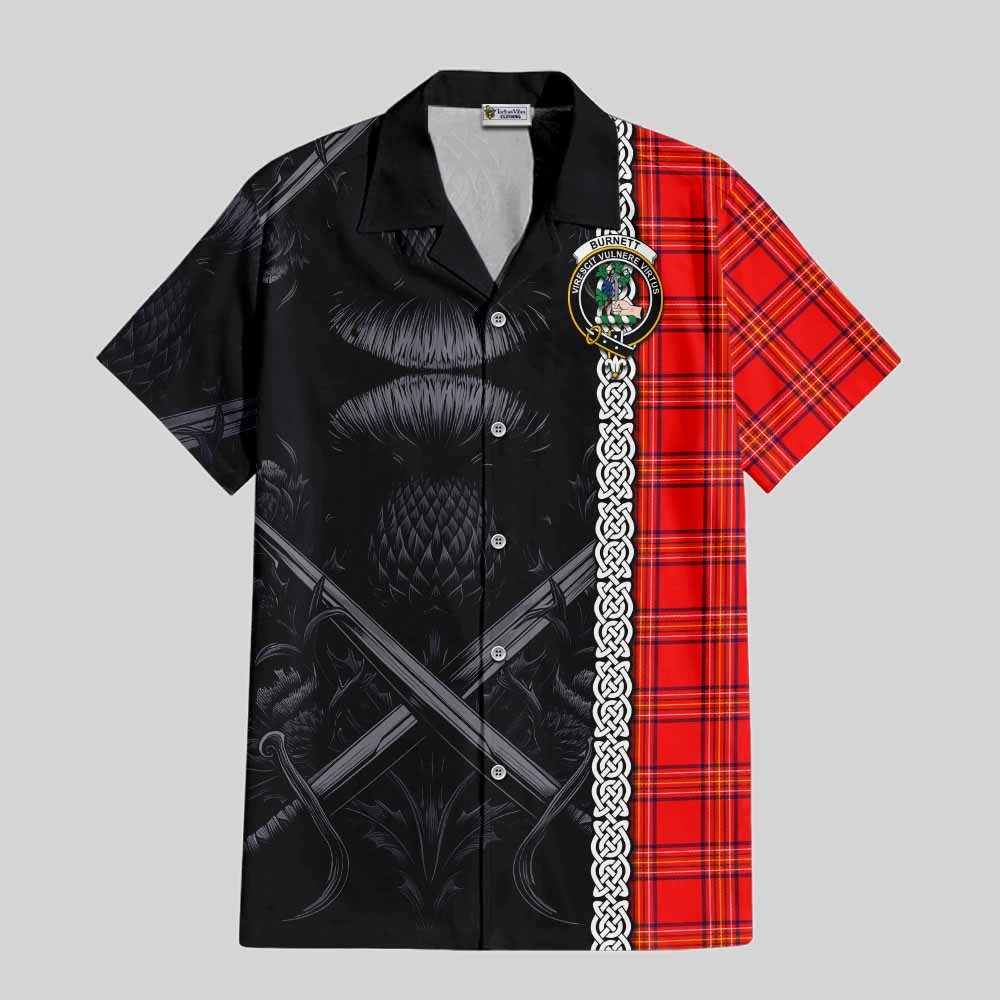 Tartan Vibes Clothing Burnett Tartan Short Sleeve Button Shirt with Family Crest Cross Sword Thistle Celtic Vibes