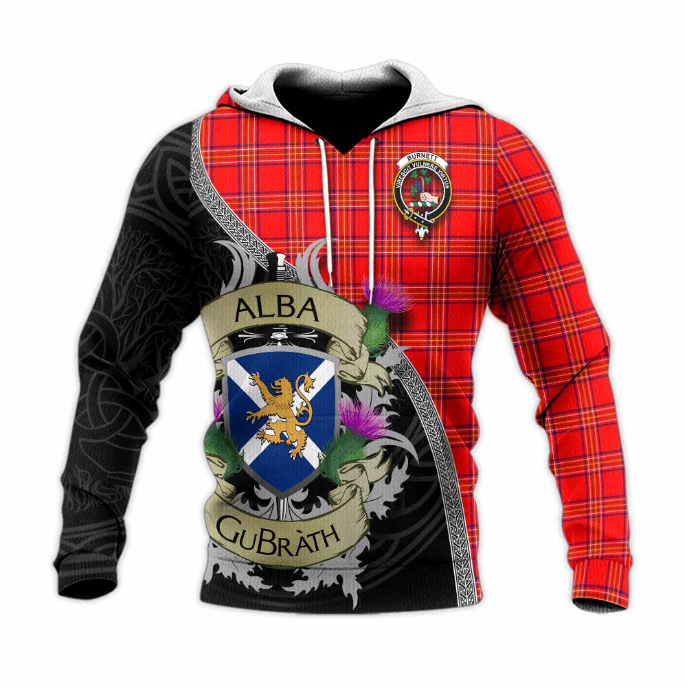Tartan Vibes Clothing Burnett Tartan Family Crest Knitted Hoodie Lion Rampant Royal Thistle Shield Celtic Inspired