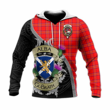 Burnett Tartan Family Crest Knitted Hoodie Lion Rampant Royal Thistle Shield Celtic Inspired