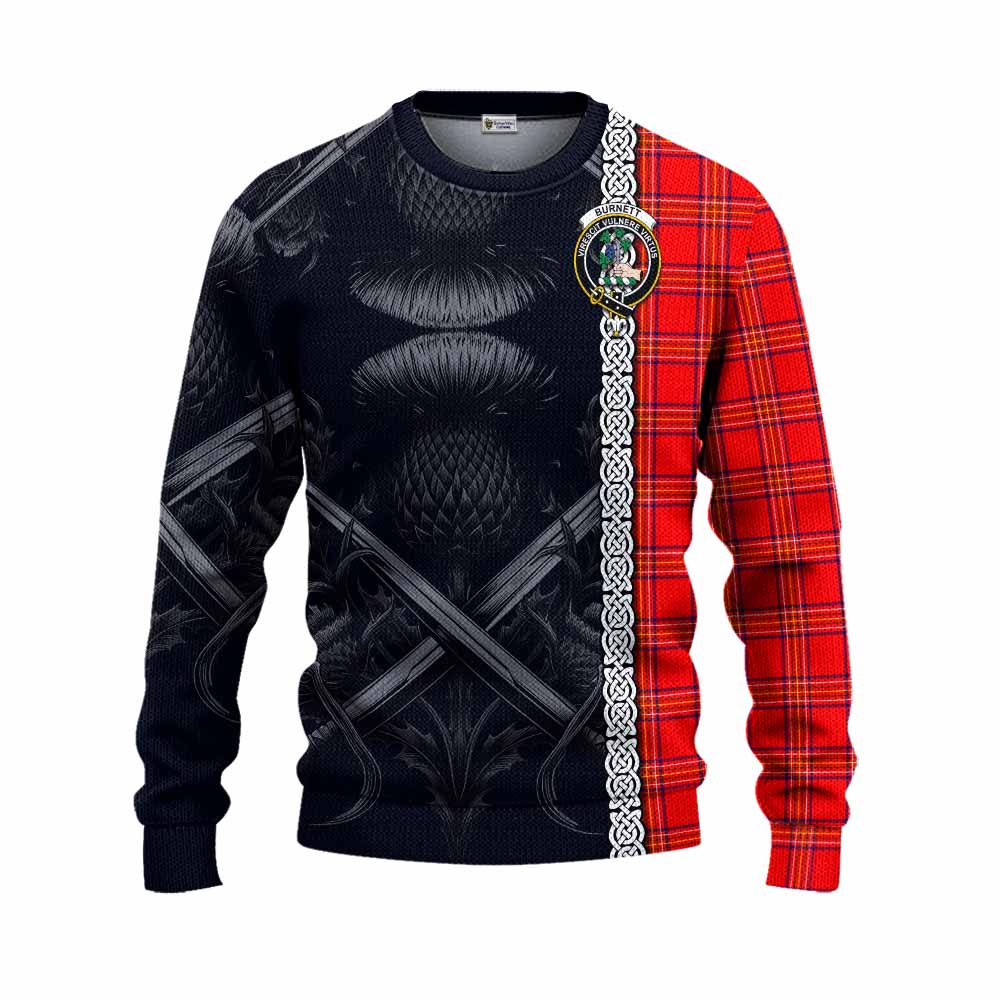 Tartan Vibes Clothing Burnett Tartan Knitted Sweater with Family Crest Cross Sword Thistle Celtic Vibes