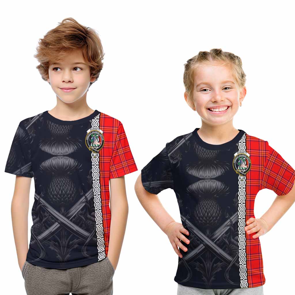 Tartan Vibes Clothing Burnett Tartan Kid T-Shirt with Family Crest Cross Sword Thistle Celtic Vibes