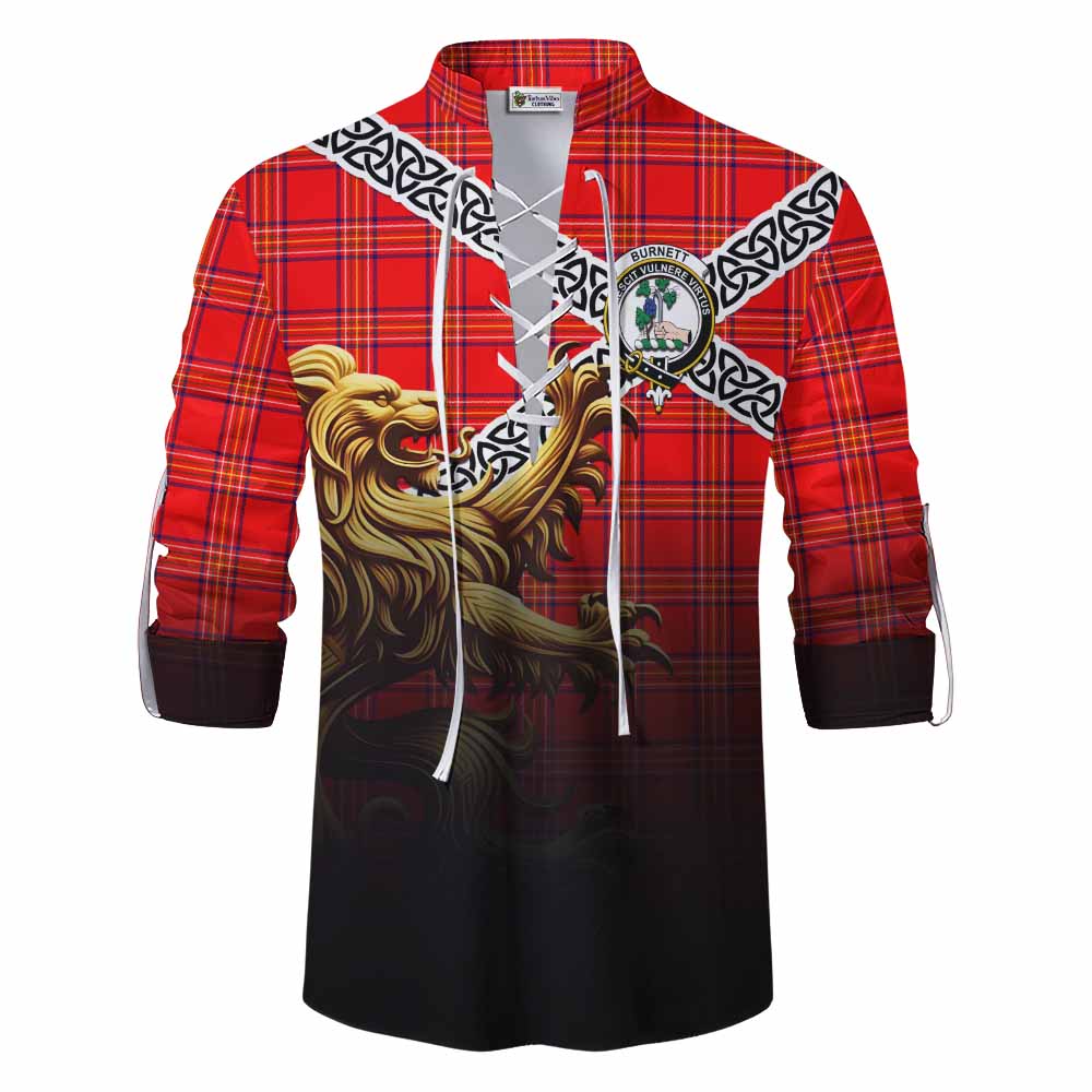 Tartan Vibes Clothing Burnett Crest Tartan Ghillie Kilt Shirt with Golden Lion Emblem Celtic Style
