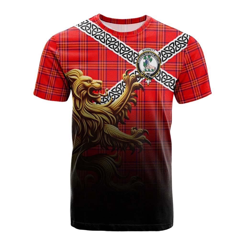 Tartan Vibes Clothing Burnett Crest Tartan Cotton T-shirt with Golden Lion Emblem Celtic Style