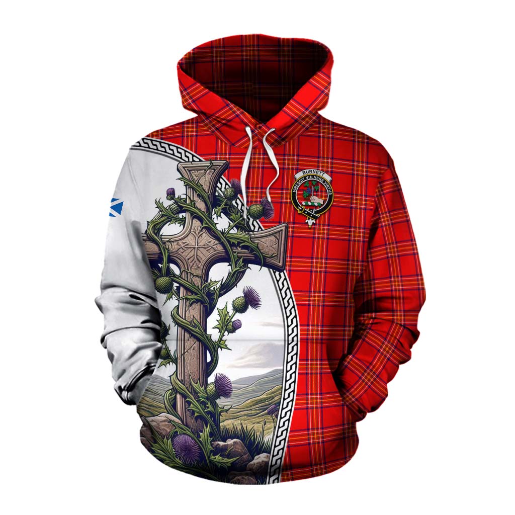 Tartan Vibes Clothing Burnett Tartan Cotton Hoodie with Family Crest and St. Andrew's Cross Accented by Thistle Vines