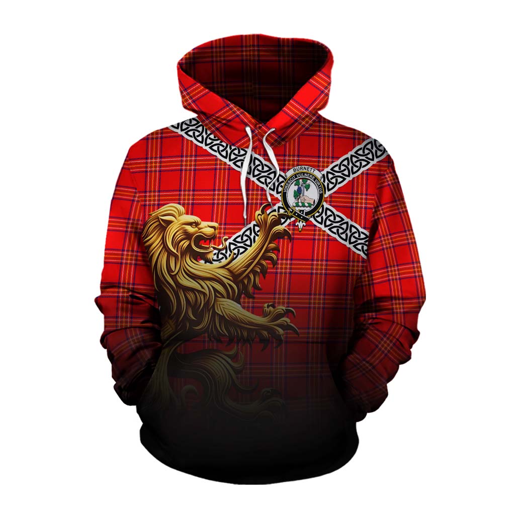 Tartan Vibes Clothing Burnett Crest Tartan Cotton Hoodie with Golden Lion Emblem Celtic Style