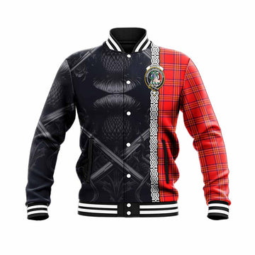 Tartan Vibes Clothing Burnett Tartan Baseball Jacket with Family Crest Cross Sword Thistle Celtic Vibes
