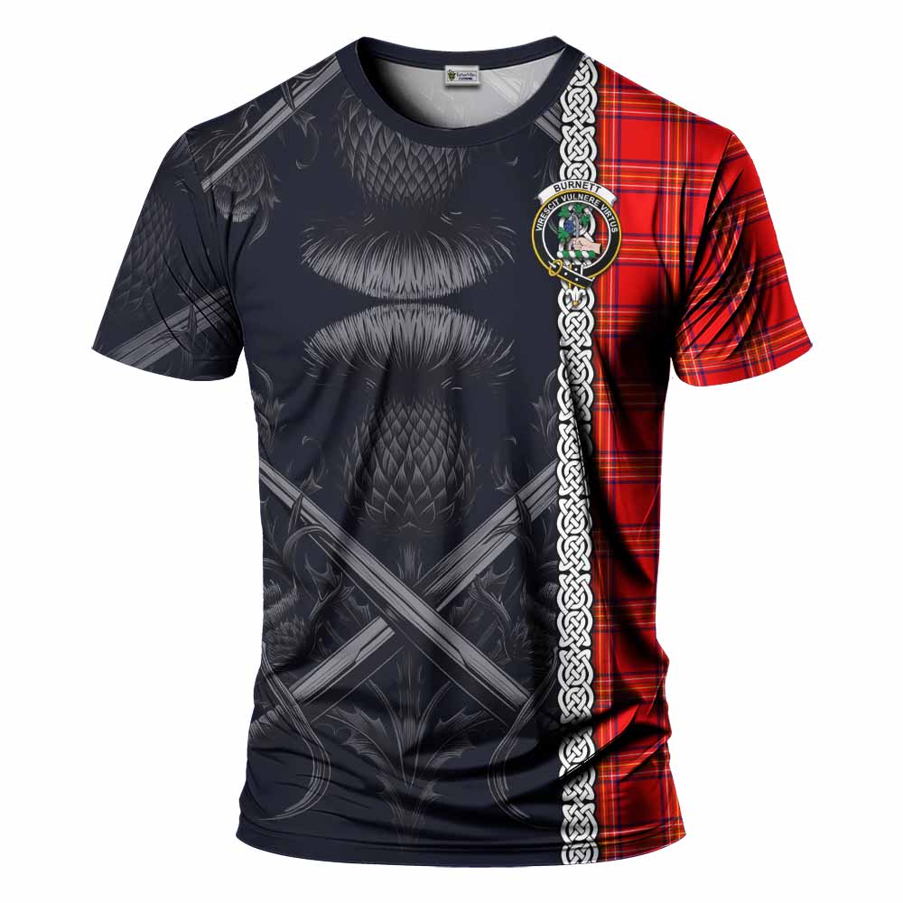 Tartan Vibes Clothing Burnett Tartan T-Shirt with Family Crest Cross Sword Thistle Celtic Vibes