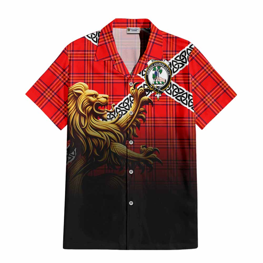 Tartan Vibes Clothing Burnett Crest Tartan Short Sleeve Button Shirt with Golden Lion Emblem Celtic Style