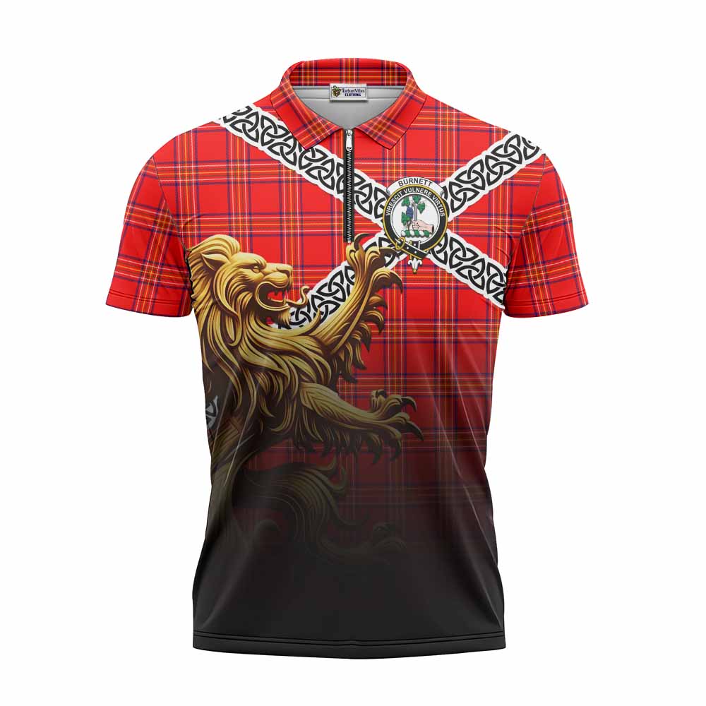 Tartan Vibes Clothing Burnett Crest Tartan Zipper Polo Shirt with Golden Lion Emblem Celtic Style