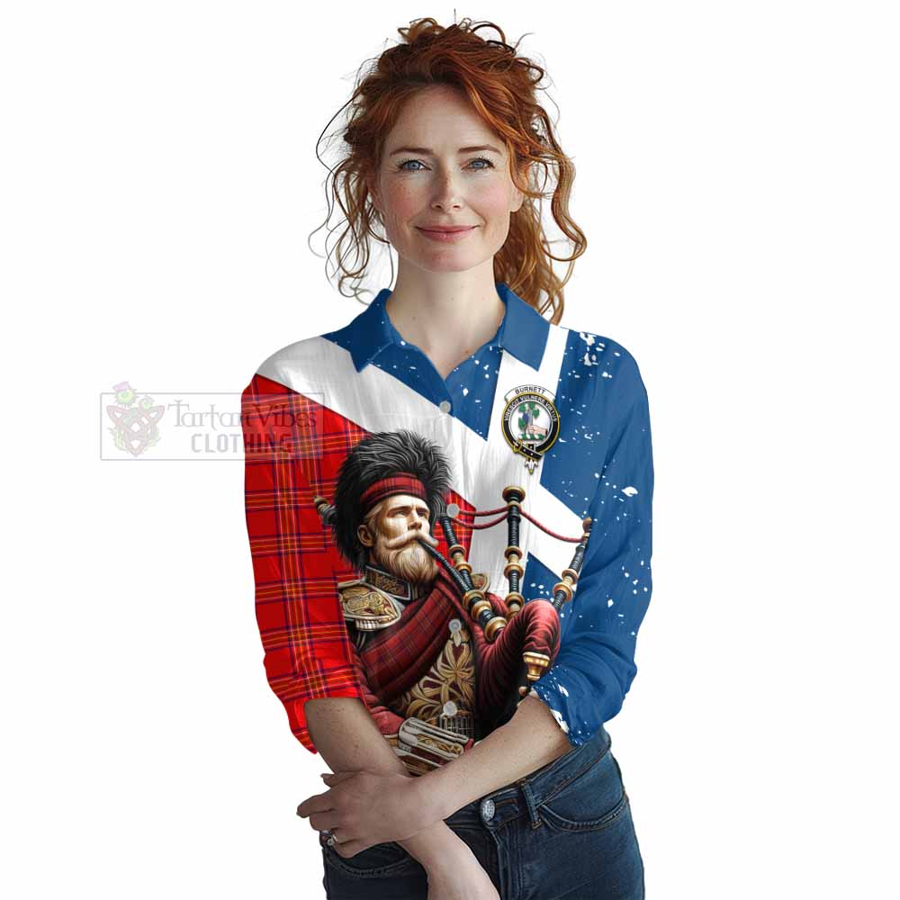 Tartan Vibes Clothing Burnett Tartan Women's Casual Shirt with Family Crest Scottish Bagpiper Vibes