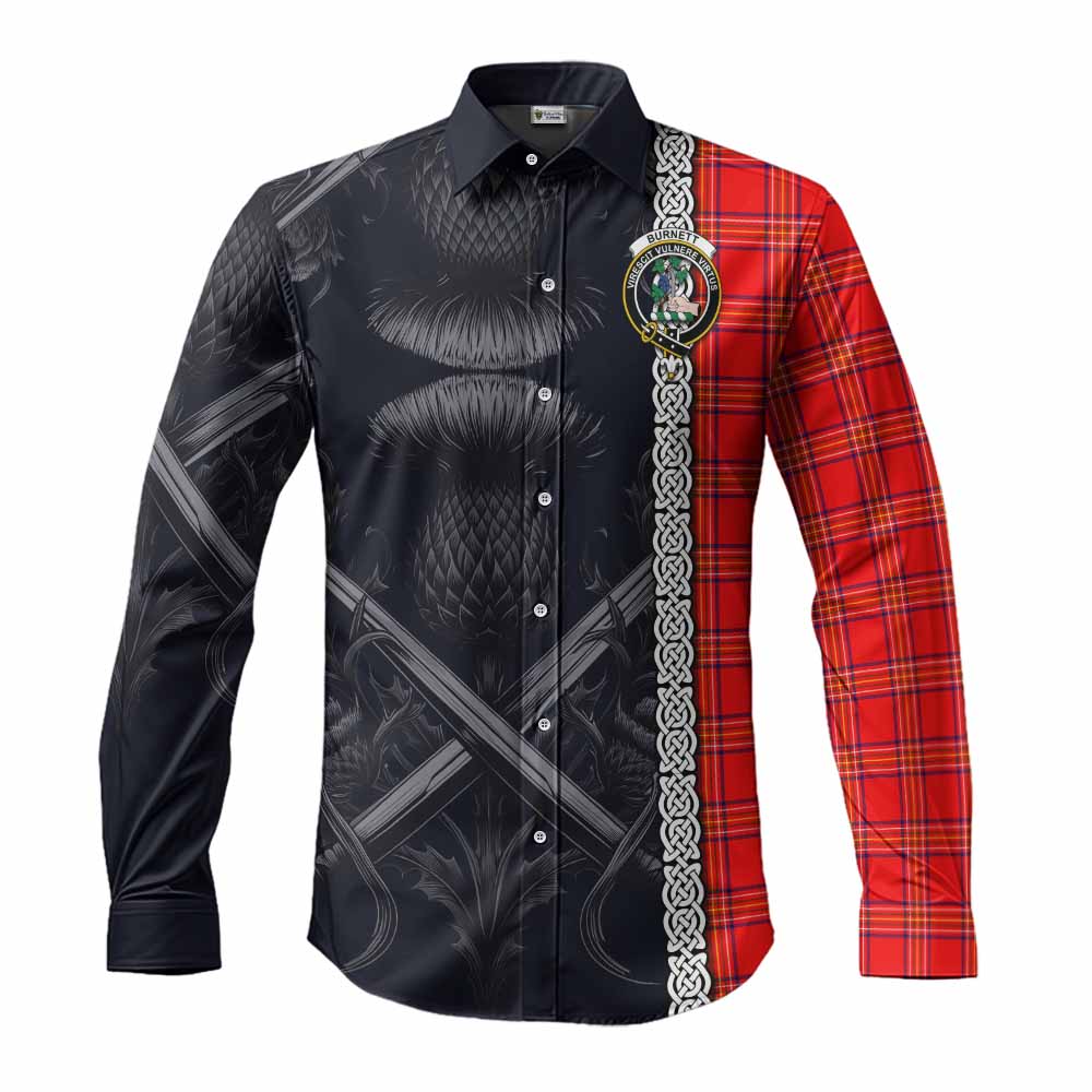 Tartan Vibes Clothing Burnett Tartan Long Sleeve Button Shirt with Family Crest Cross Sword Thistle Celtic Vibes