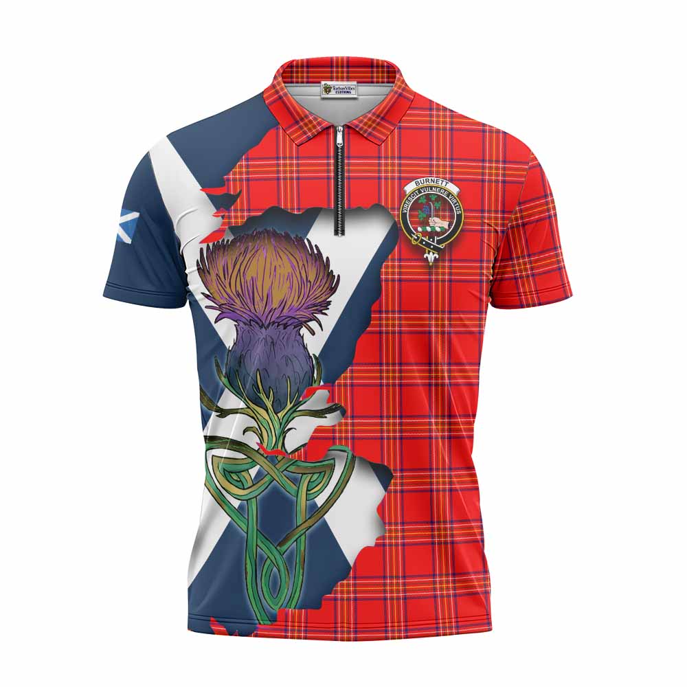 Tartan Vibes Clothing Burnett Tartan Family Crest Zipper Polo Shirt Scottish Thistle Celtic Inspired