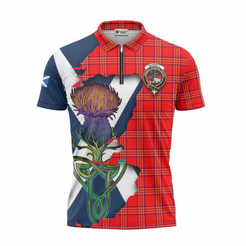 Burnett Tartan Family Crest Zipper Polo Shirt Scottish Thistle Celtic Inspired