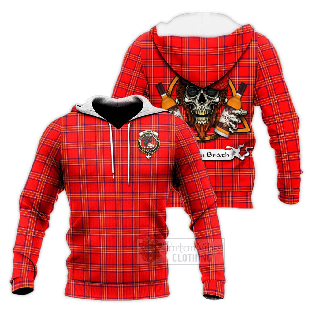 Tartan Vibes Clothing Burnett Tartan Knitted Hoodie with Family Crest and Bearded Skull Holding Bottles of Whiskey