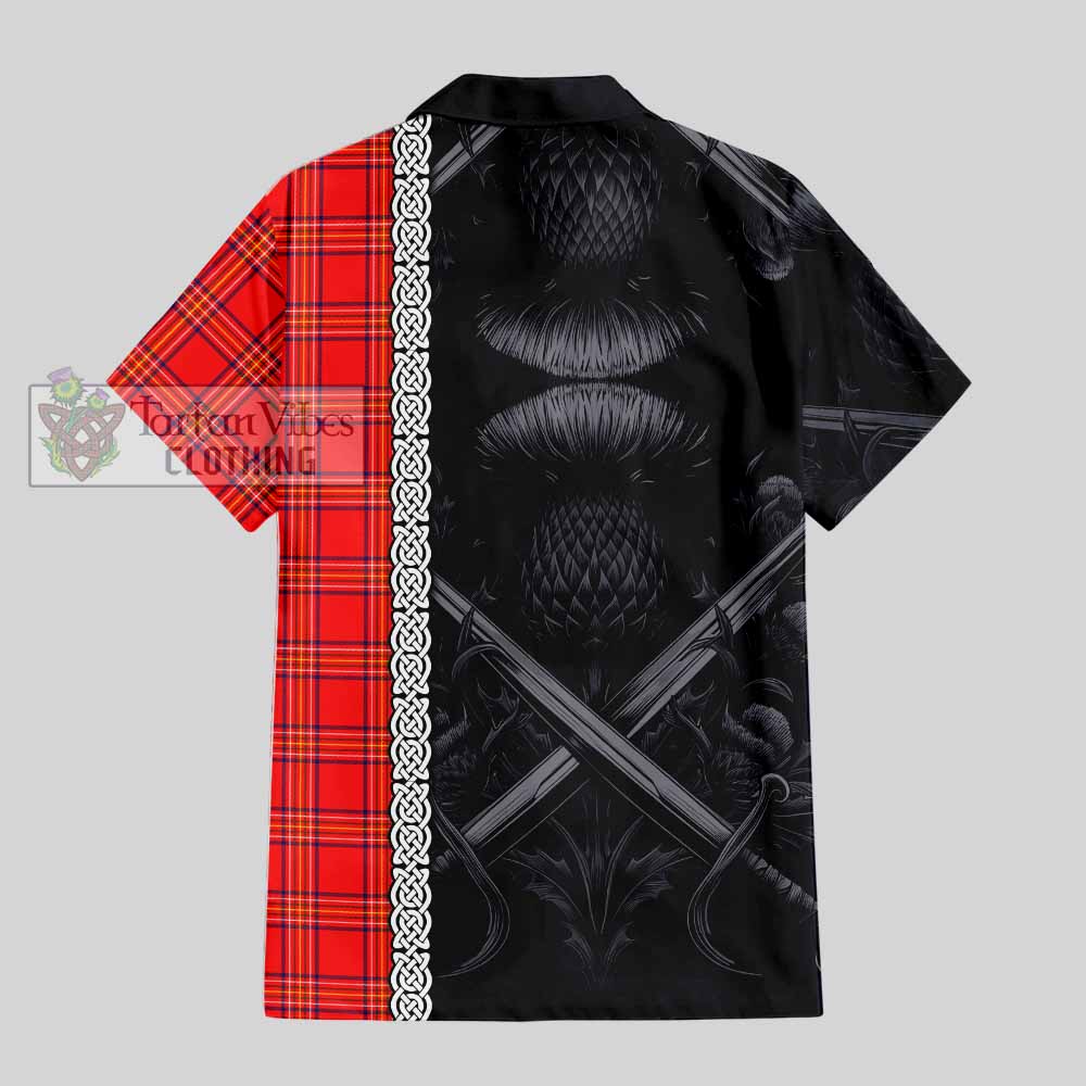 Tartan Vibes Clothing Burnett Tartan Short Sleeve Button Shirt with Family Crest Cross Sword Thistle Celtic Vibes
