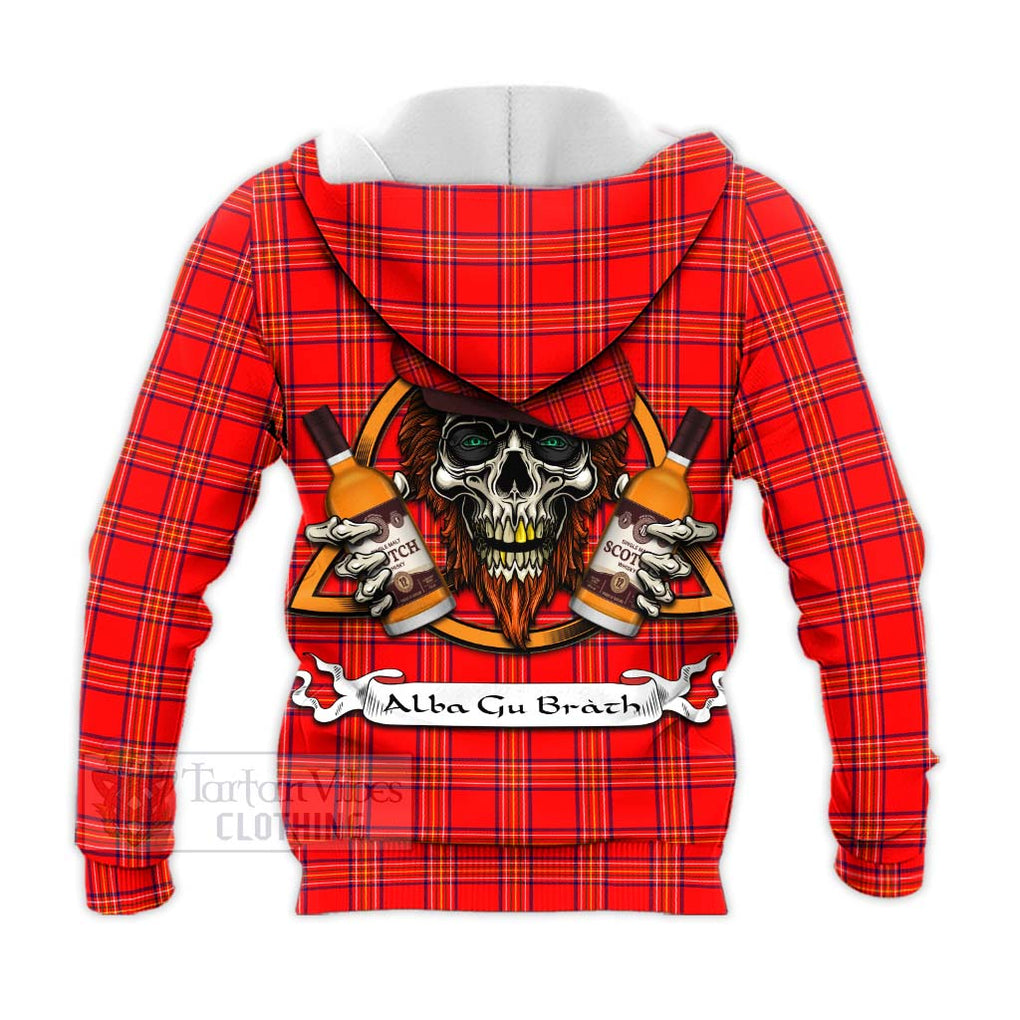 Tartan Vibes Clothing Burnett Tartan Knitted Hoodie with Family Crest and Bearded Skull Holding Bottles of Whiskey