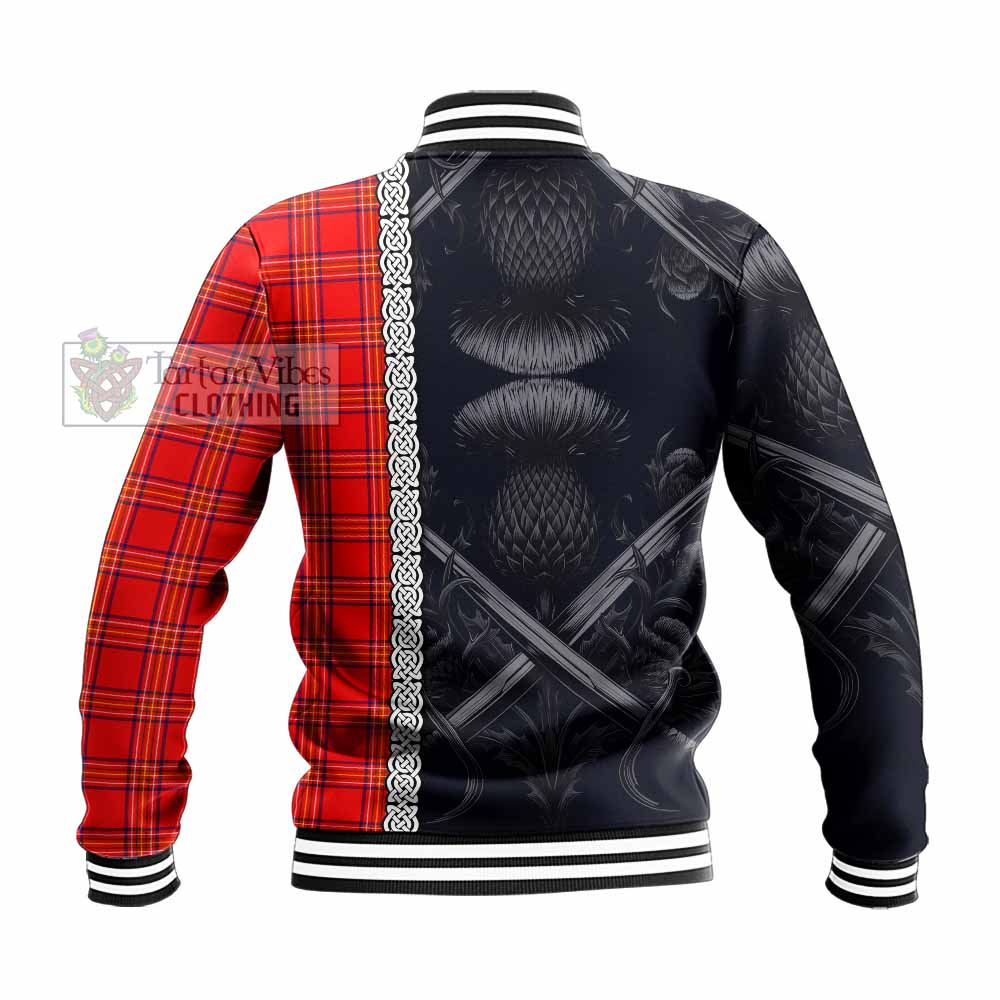 Tartan Vibes Clothing Burnett Tartan Baseball Jacket with Family Crest Cross Sword Thistle Celtic Vibes