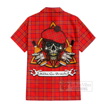 Burnett Tartan Hawaiian Shirt with Family Crest and Bearded Skull Holding Bottles of Whiskey