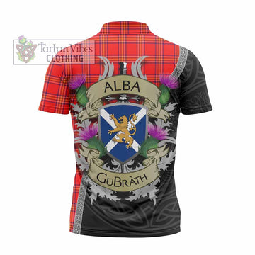 Burnett Tartan Family Crest Zipper Polo Shirt Lion Rampant Royal Thistle Shield Celtic Inspired