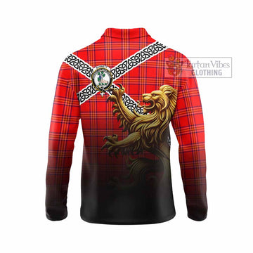 Burnett Crest Tartan Long Sleeve Polo Shirt with Golden Lion Emblem Celtic Style